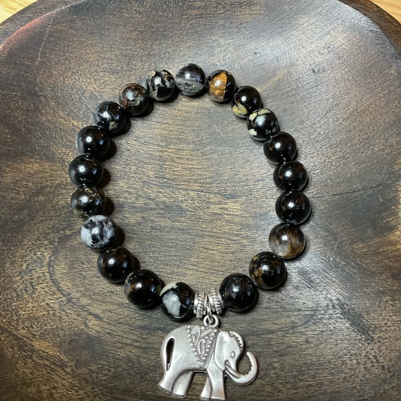 Black Tourmaline (8 mm)with Silver Elephant Charm and Spacers - Picture 7 of 7